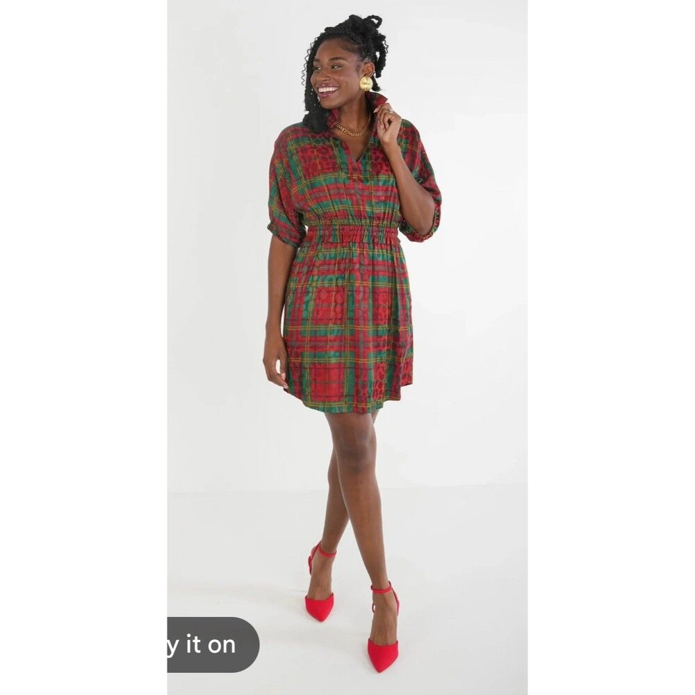Emily McCarthy Palmer Dress Tartan Cheetah Christmas Holiday Plaid Preppy Mini S
